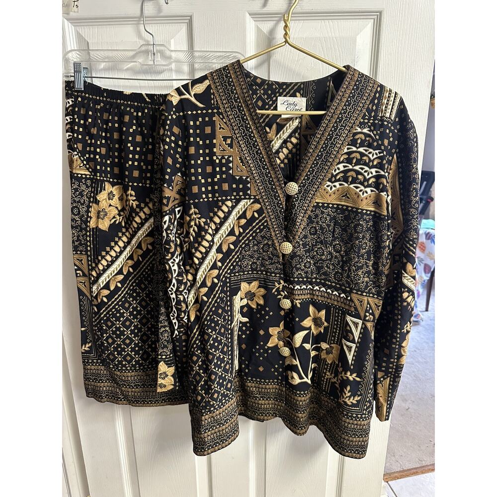 80s LADY CAROL of NY Vnt Skirt Suit Sz XL 18 Brown Floral Fall Jacket Blazer